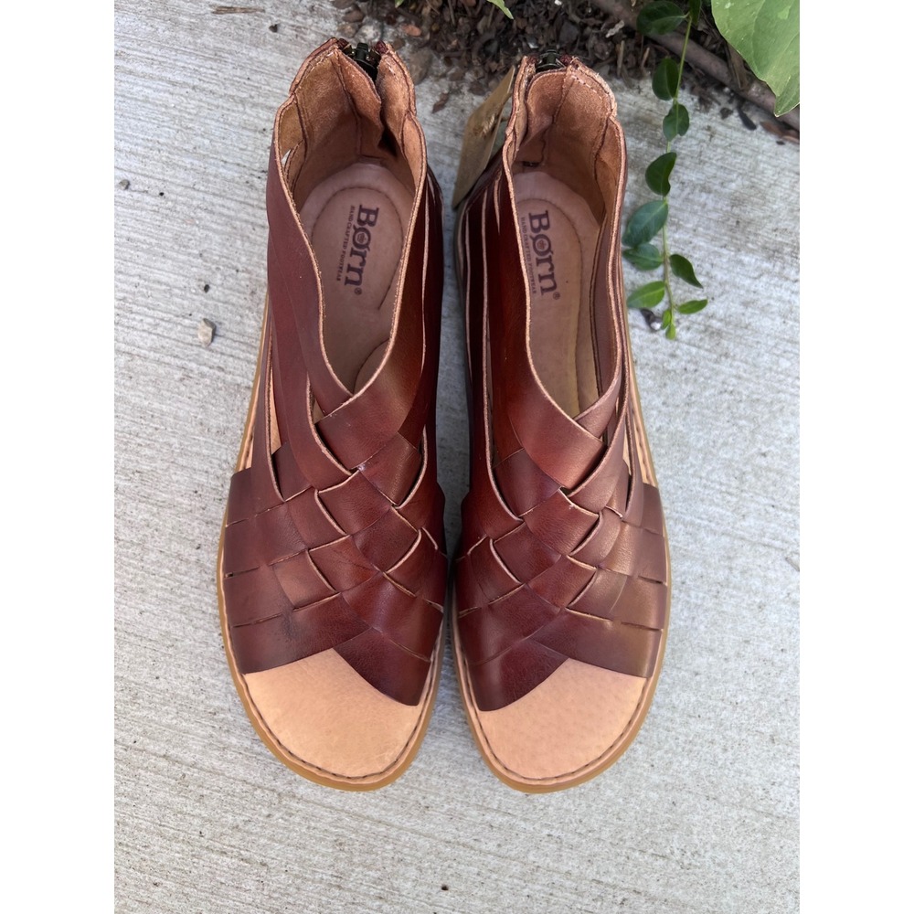 BORN Iowa Woven Leather Brown Gladiator Sandals Ankle Zip Women's Sz 11 NWT